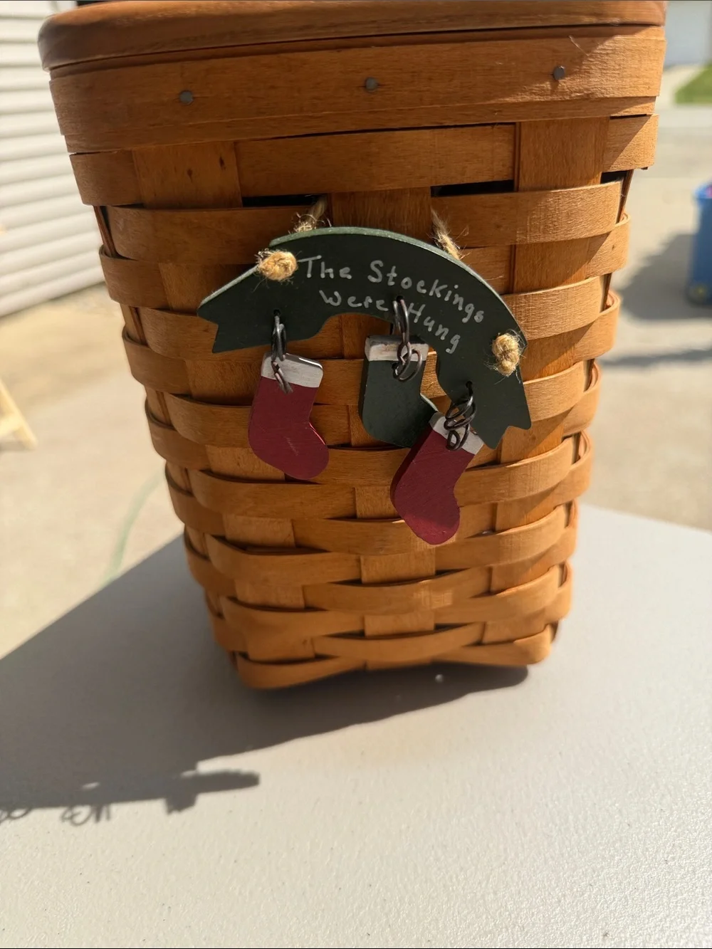 Longaberger Wooden Basket with Green and Red Stocking Charm
